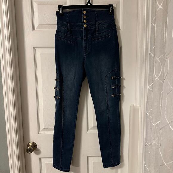 Bebe Annabelle Tuxedo Skinny Blue Jeans Gold Button Accents Size 30 High Rise - Picture 1 of 8